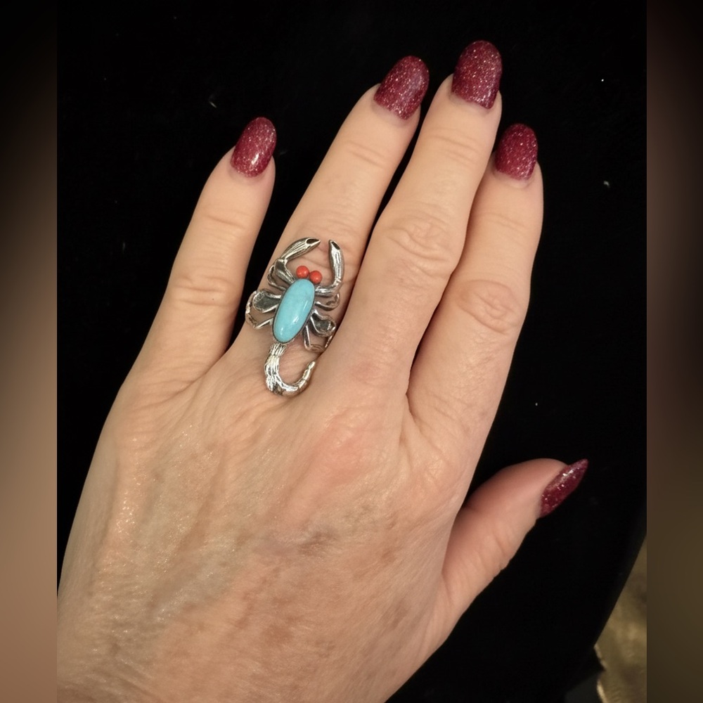 Silver‎ Scorpion Ring with Turquoise and Red coral Accents - Picture 2 of 6
